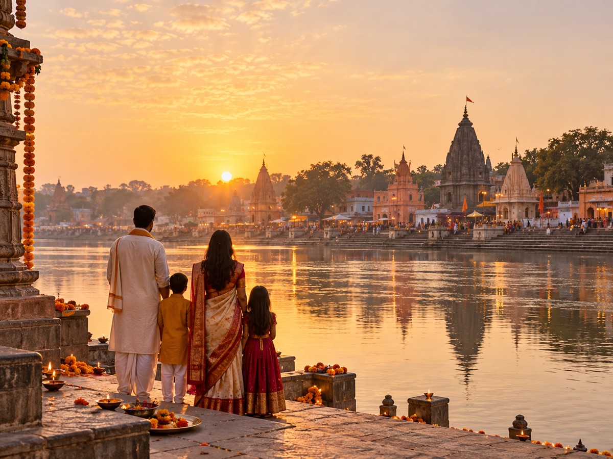 An Indian family looks toward temples across the Shipra River at sunrise